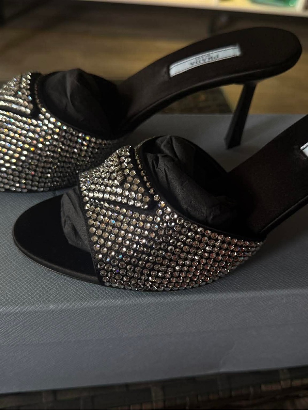 Prada SATIN HEELED SANDALS WITH CRYSTALS - Picture 4 of 15